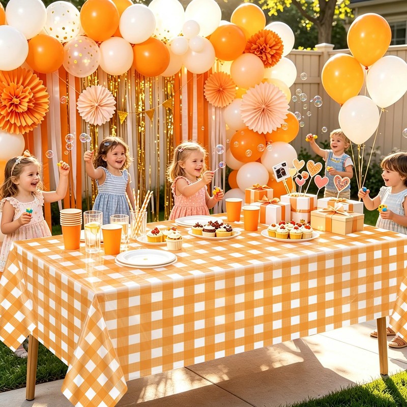 4 Pack Orange Gingham Tablecloths for Birthday Party Fall Thanksgiving