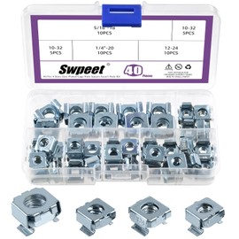 Swpeet 40Pcs 4 Size 10-32, 12-24, 1/4"-20, 5/16"-18 Cage Nuts Assortment Kit, Zinc Plated Carbon Steel Square Cage Nuts, Snap-in Cage Nuts, Rack Rail Retainer Nuts