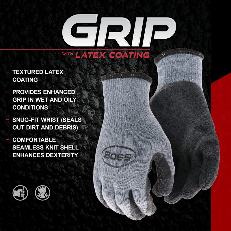 Boss Men's Textured Latex Coated Work Gloves, Water Resistant, 13