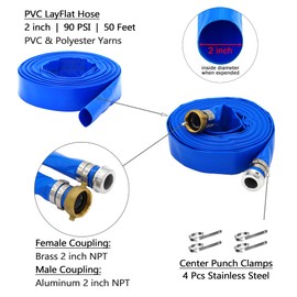 D-WEIXIN 2" ID x 50 ft PVC Lay Flat Discharge Hose with Aluminum Pin Lug Fittings, Heavy Duty Reinforced Blue Backwash Pump Hoses for Swimming Drain Pools and Clean Filters