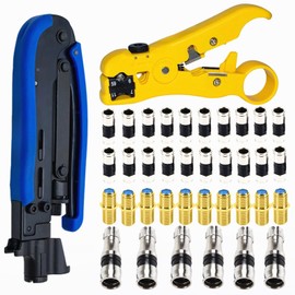 Gaobige Coax Cable Crimper Kit, Coaxial Compression Tool Adjustable RG6 RG59 RG11 75-5 75-7 Coaxial Cable Stripper with 20PCS RG6 Connectors, 10PCS Female to Female Connectors, 6PCS RG11 Connector