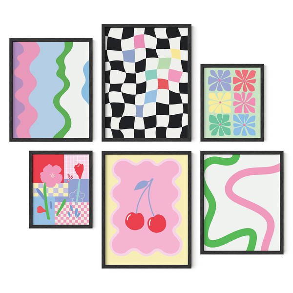 HAUS AND HUES Framed Danish Pastel Room Decor Aesthetic - Set of 6 Colorful Wall Art, Danish Pastel Wall Art, Trendy Pastel Room Decor for Teens, Framed Art Floral, Pink Abstract (Framed Black)