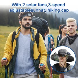 UPF 50+ Outdoor Wide Brim Sun Hat with Built-in Solar Fan - Ideal Fishing & Beach Bucket Hat for Men and Women Black