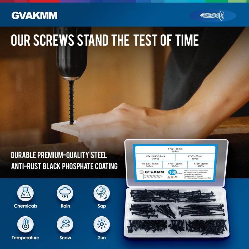 GVAKMM Drywall Screws Assortment Kit,#7 Black Wood Screws Set,160pcs，5 Sizes(3'',2'',1-3/8'',1'',5/8''),Coarse