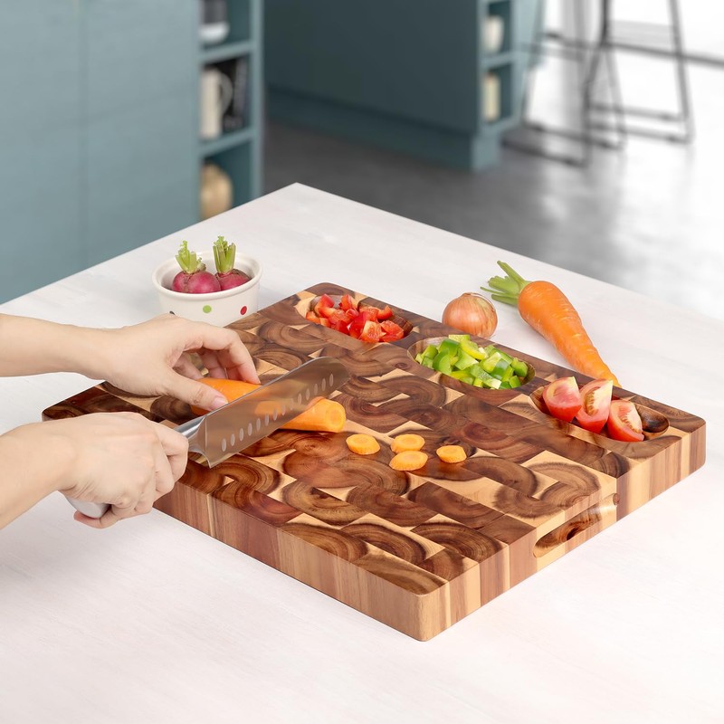 Acacia End Grain Cutting Board (17x13x1.5in), Butcher Block - Reversible