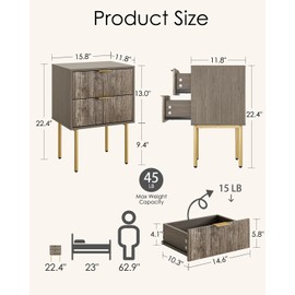 Aienvey Night Stand, Modern Nightstand with Drawers, Bedside Table, Gold Small Side Table for Bedroom, Living Room End Table (Grey Stripe, 2 Drawers)