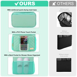 Jaffzora Portable Shower Caddy (Full Size Bottle Compatible),Travel Shower Tote Bag with Quick Dry Mesh Base,Hanging Toiletry Cosmetic Bag for Gym,College,Camping & Dorm, Mint Green