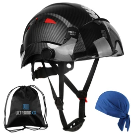 UM ULTRAMAXX Safety Helmet Hard Hat, ANSI Z89.1 Approved Lightweight Vented Work Helmet, 6-Point Adjustable Ratchet Suspension Hardhat for Industrial and Construction (Black Carbon Fiber+Tinted Visor)