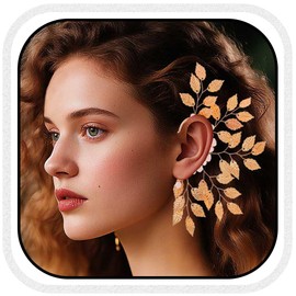Catery Gold Leaf Ear Cuffs Earrings Single Left Earrings Non Piercing Ear Bone Pearl Elf Jewelry for Women (Gold, One Size)