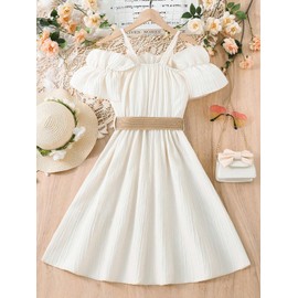 Floerns Girls Cold Shoulder Ruffle Trim Short Sleeve Belted A Line Midi Dress Apricot 10Y