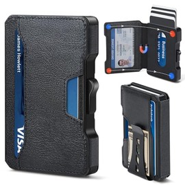 Cartera delgada para hombre – Cartera minimalista para hombre con clip para dinero, estuche de aluminio para tarjetas y ranuras de cuero, cartera con bloqueo RFID para hombres con caja de regalo