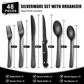 49-Piece Black Silverware Set with Organizer, Heavy Duty Stainless Steel Black Flatware for 8