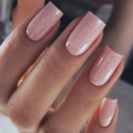 Square False Nails - 24Pcs Glitter Pink Tip Press On Nails - Removable Glue On Nails - Acrylic Full Cover Artificial Stick On Nail for Women & Girls