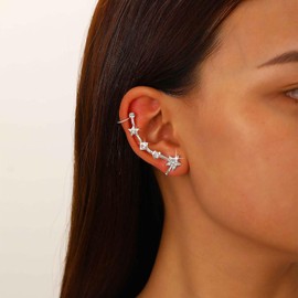 Allereyae Punk Crystal Star Ear Climber Cuff Earrings Cz Star Ear Crawler Earrings Silver Crystal Heart Earrings Rhinestone Ear Wrap Earrings Cz Heart Ear Cuff Earrings Celestial Star Earrings Jewelry