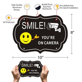 Smile Your on Camera Signs, Video Surveillance Signs Outdoor, 10x7 Inch Rust Free Aluminum Metal Sign, Fade Resistance, UV Protected, Indoor/Outdoor Use for Home, Business (2 pack)