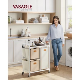 VASAGLE Laundry Hamper with 3 Compartments, 26.4 Gal. (100 L) Laundry Sorter, Rolling Laundry Cart with Shelves, Small Side Pockets, 6 Labels, Natural Beige, Camel Brown and Cream White UBLH202N01