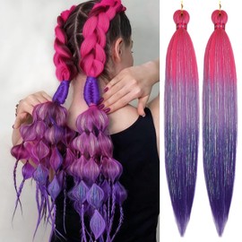 Ombre Pink/Purple with Tinsel Braiding Hair Pre Stretched 2 Packs 26 Inches Box Braids Hair Extensions Synthetic Pre Stretched Braiding Hair