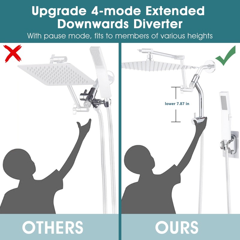 PDPBath Brass Shower Arm Diverter with Adhesive Handheld Holder for