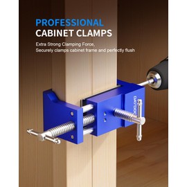 DAYDOOR Professional Cabinet Clamps 4 Pack, Heavy-Duty Cast Steel, Integrated Drill Guide & EVA Protection, Face Frame Alignment Tool for Cabinet Installation & Woodworking, Blue