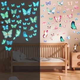 64Pcs Butterflies Stickers for Walls Bathroom Butterfly Decal Stickers Butterfly Wall Stickers Blue Luminous Sticker Glow in The Dark Butterfies Sticker Wall Decorations (Blue-64pcs)