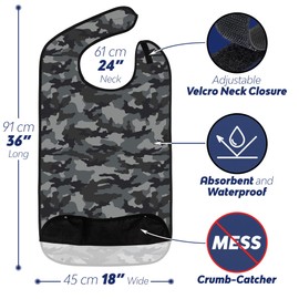 Adult Bibs for Eating: Reusable Adult Size Bib for Men and Women - Washable Clothing Protector with Crumb Catcher Pocket - Gray Camo Edition
