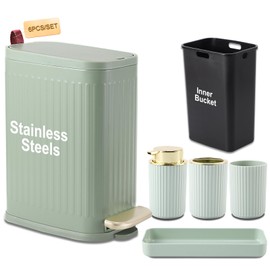 Black and Gold Bathroom Accessories Set 9 PCS, Bathroom Sets with Stainless Steel Trash Can,Toilet Brush and Plastic Toothbrush Set,Soap Dispenser and Shower Curtain, 2PCS Rugs for Bath Decor