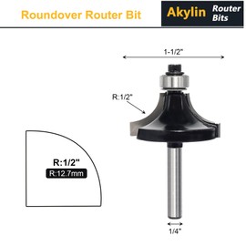 Akylin Round Over Router Bits, 1/4 Inch Shank, 1/2" ( 12.7mm ) Radius，Tungsten Carbide Tipped, Rounding Edge Forming, Round Over Beading Router Bits