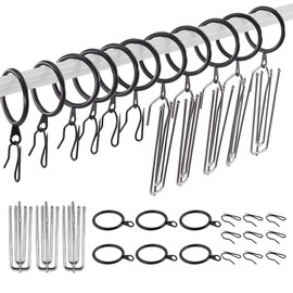 Swpeet 120 anillos de cortina de metal negro de 1.35 pulgadas a 30 mm para colgar cortinas y ganchos de acero inoxidable de 4 puntas, gancho plisado con ganchos para cortina de cortina para ventana, cortina de ducha