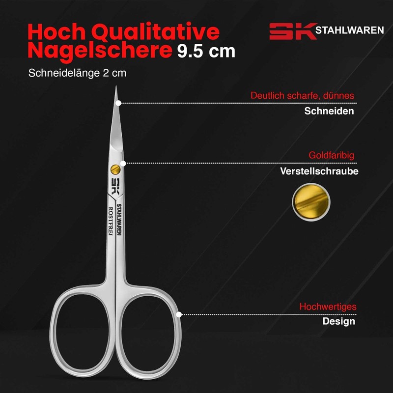 SK STAHLWAREN Professional cuticle scissors, curved, extra sharp nail scissors.