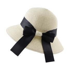 PESAAT Girl Summer Straw Hat Bowknot Girls Beach Caps Wide Brim Foldable Sun Hats (White, Child)