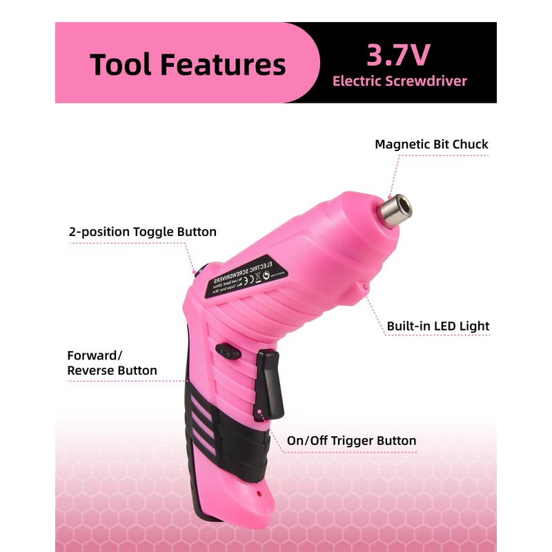 Durofort Pink Cordless Electric Screwdriver Set, 3.7V Rechargeable Small Electric