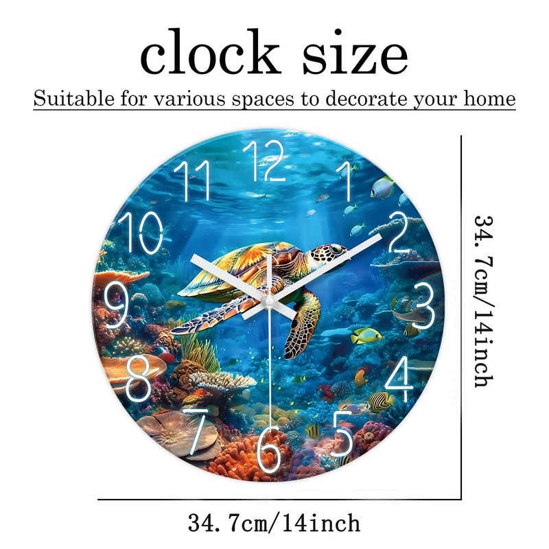 XNM Sea Turtle Glass Battery Powered Clock 14 Inch Ocean