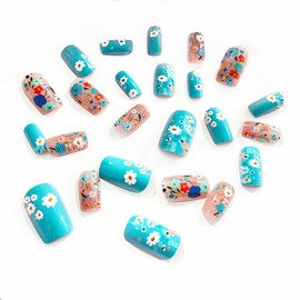 24Pcs Light Blue Press on Nails Colorful Flower Fake Nails Spring Summer False Nails Medium Square Acrylic Nails Artificial Nails Glue on Nails for Women Spring Summer Flower Sea Nail Art Decoration