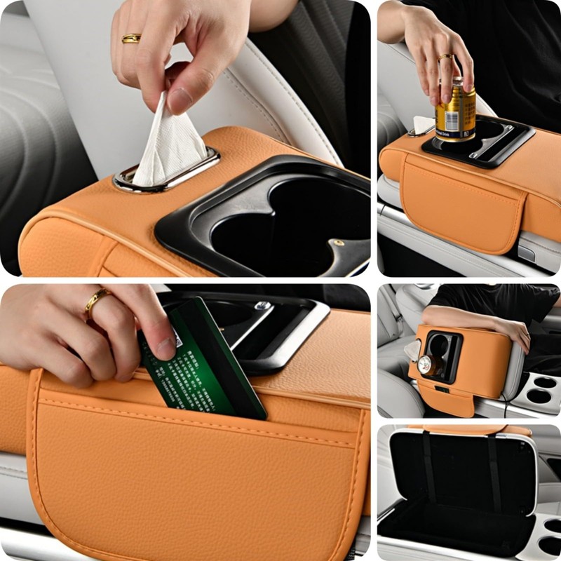 Car Armrest Pad with LED Starry Sky Light, Dual Type-C