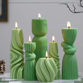 Threlaco 6 Pcs Pillar Candles Modern Aesthetic Ribbed Decorative Candle Set Cute Soy Wax Scented Ribbed Decor for Home(Green,3.39-9.06 Inch)