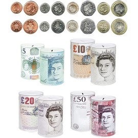 Money Tin - (Small 10.2 to 15cm) Pound Notes Design - Money Saving Tin - Printed Bank Note - 5,10,20,50 Pounds Notes Assorted-Random design Supply only 1
