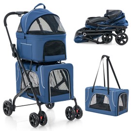 PETSITE Double Dog Stroller, Foldable 3-in-1 4 Wheels Cat Pet Stroller with 2 Detachable Carriers, Safety Belt, Washable Cover, Removable Pads, Ideal for Small Medium Dogs Cats (Blue)
