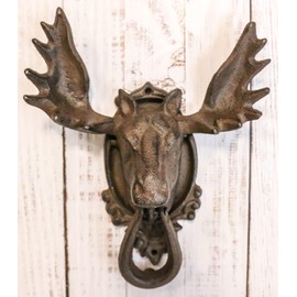 Ebros Gift Rustic Western Forest Horned Bull Moose Head Cast Iron Door Knocker 10" Tall Figurine Decorative Knockers Buck Deer Elk for Cabin Lodge Home Accent Decor Hardware