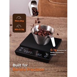 Metal Coffee Scale with Auto Timing, Rechargeable Espresso Scale with Timer, 2kg/0.1g High Precision Scale for Coffee Beans, Black