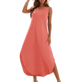 Zilcremo Women's Summer Casual Loose Sundress Long Dress Sleeveless V Neck Split Tshirt Maxi Dresses Coral S