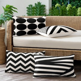 OTOSTAR Outdoor Waterproof Throw Pillow Covers Set of 4 Decorative Outdoor Pillow Covers Garden Modern Geometric Pillow Cases for Patio Furniture Couch Ten Bench 12x20 Inch (Black)