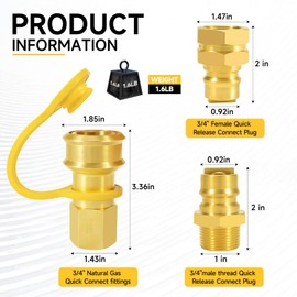VegiVector 3/4 inch Natural Gas Quick Connect Fittings, 3/4 Male and Female Natural Gas Quick Connect, Brass Material, Suit for Generators, Gas Grills, Fire Pits, Rvs Heaters