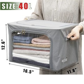 STSTECH Clothes Storage Box Bins Stackable Foldable Organizer with Metal Frame for Clothing Bedding Shelves,Closet Container with Clear Window Zipper and Label Holder (Gray,Small-40L x3 Pack)