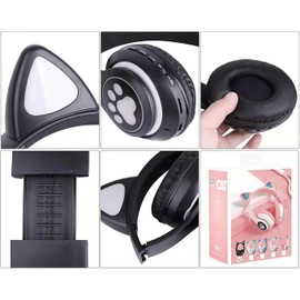 PREMCC - LED con Luz Audifonos Inalámbricos Pata de Gato Auriculares Plegables sobre la Oreja con Micrófono