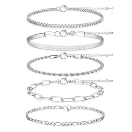 5 Stück Armband Damen Silber Armbänder, Damen Edelstahl Verstellbare Armkette Bracelet Set Silberarmband Armband Schmuck Kubanische Schlangenketten Armband Stapelbare Silber für Damen Mädchen