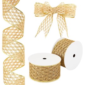 OLYCRAFT 54.9m/4 Rolls Gold Glitter Ribbon Glitter Mesh Ribbon 63mm Glitter Diamond Wire Edge Ribbon Wired Ribbon with Sparkle for Christmas Decoration Bow Making DIY Gift Wrapping