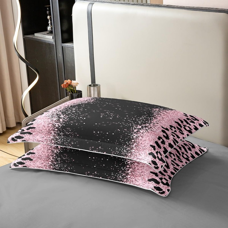 Pink Black Leopard Glitter Bedding Set Queen Size, Ombre Pink