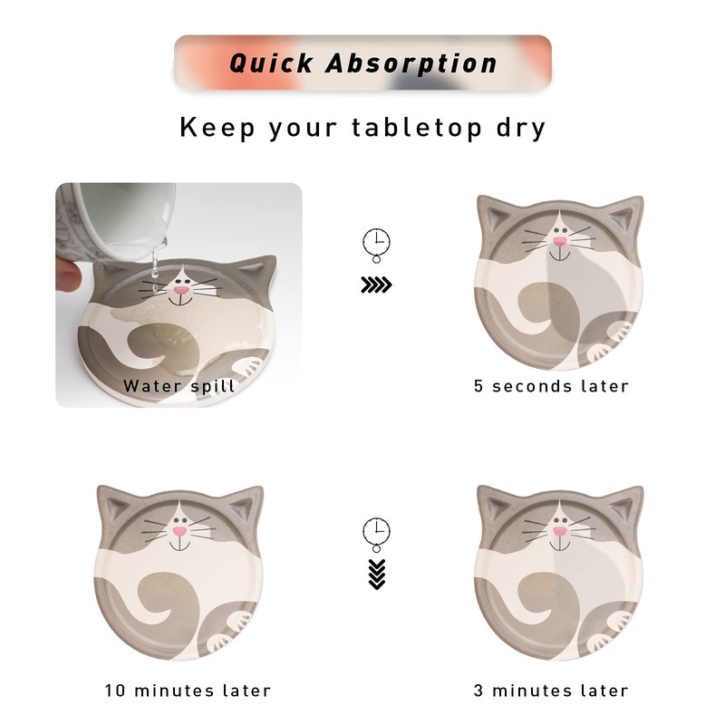 Drink Coasters with Holder, Absorbent Coaster Sets of 4, Cat