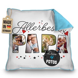 PR Print Royal Personalisiertes Kissen für den allerbesten Papa - mit Collage für 4 Fotos gestalten - Vatertagsgeschenk, Geburtstag, inkl. Füllung, Rückseite Hellblau, 40 x 40 cm