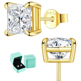 Gemalux Princess Cut Moissanite Stud Earrings, Lab-Created Diamonds, 2.0ctw D Color, VVS1 Clarity, Hypoallergenic, 14K Gold-Plated 925 Sterling Silver, Anniversary Birthday for Women Men